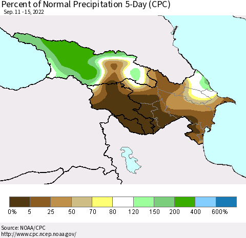 Azerbaijan, Armenia and Georgia Percent of Normal Precipitation 5-Day (CPC) Thematic Map For 9/11/2022 - 9/15/2022