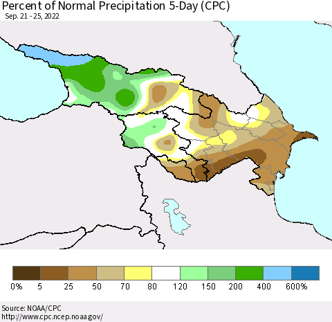 Azerbaijan, Armenia and Georgia Percent of Normal Precipitation 5-Day (CPC) Thematic Map For 9/21/2022 - 9/25/2022