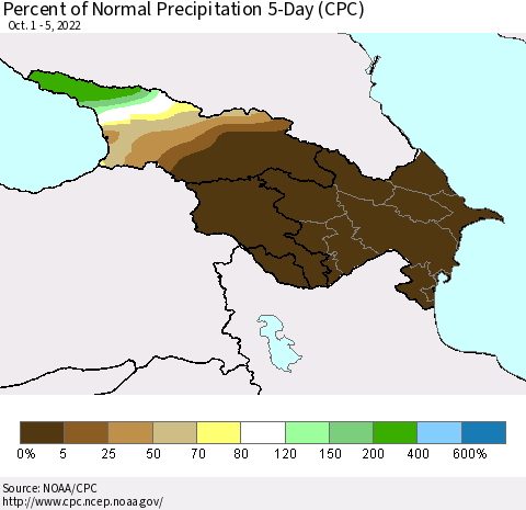 Azerbaijan, Armenia and Georgia Percent of Normal Precipitation 5-Day (CPC) Thematic Map For 10/1/2022 - 10/5/2022
