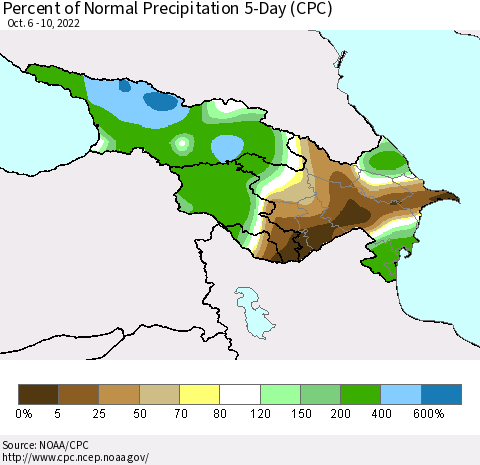 Azerbaijan, Armenia and Georgia Percent of Normal Precipitation 5-Day (CPC) Thematic Map For 10/6/2022 - 10/10/2022