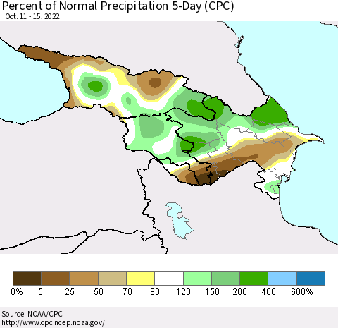 Azerbaijan, Armenia and Georgia Percent of Normal Precipitation 5-Day (CPC) Thematic Map For 10/11/2022 - 10/15/2022