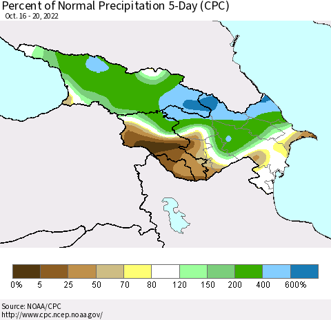 Azerbaijan, Armenia and Georgia Percent of Normal Precipitation 5-Day (CPC) Thematic Map For 10/16/2022 - 10/20/2022