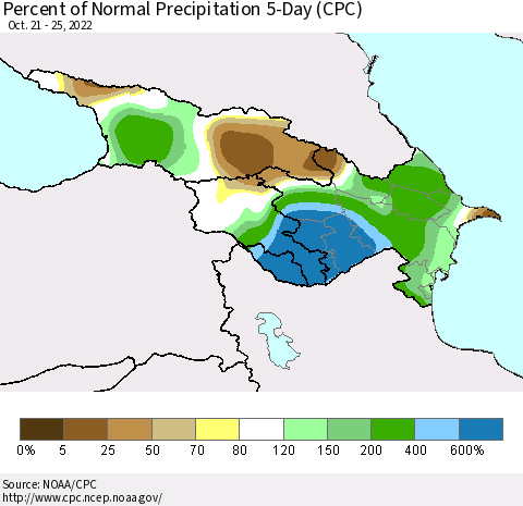 Azerbaijan, Armenia and Georgia Percent of Normal Precipitation 5-Day (CPC) Thematic Map For 10/21/2022 - 10/25/2022