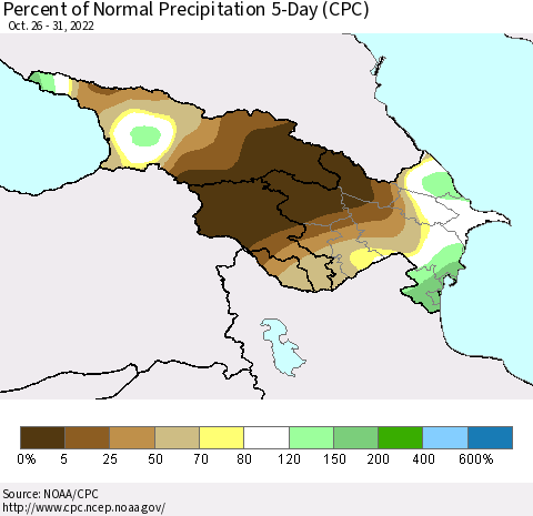 Azerbaijan, Armenia and Georgia Percent of Normal Precipitation 5-Day (CPC) Thematic Map For 10/26/2022 - 10/31/2022