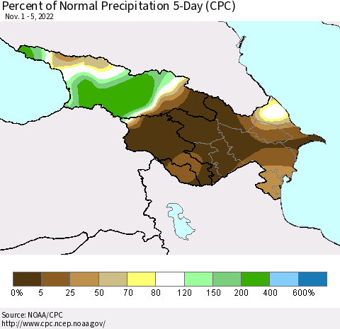Azerbaijan, Armenia and Georgia Percent of Normal Precipitation 5-Day (CPC) Thematic Map For 11/1/2022 - 11/5/2022