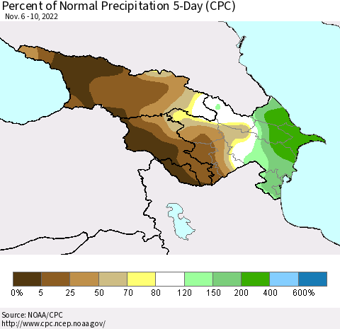 Azerbaijan, Armenia and Georgia Percent of Normal Precipitation 5-Day (CPC) Thematic Map For 11/6/2022 - 11/10/2022