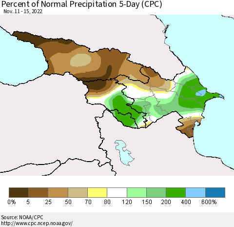 Azerbaijan, Armenia and Georgia Percent of Normal Precipitation 5-Day (CPC) Thematic Map For 11/11/2022 - 11/15/2022