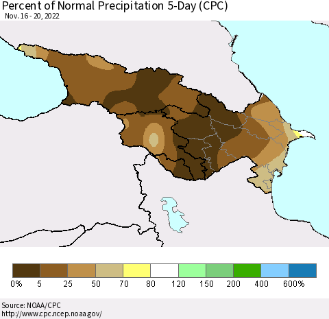 Azerbaijan, Armenia and Georgia Percent of Normal Precipitation 5-Day (CPC) Thematic Map For 11/16/2022 - 11/20/2022