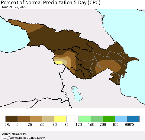 Azerbaijan, Armenia and Georgia Percent of Normal Precipitation 5-Day (CPC) Thematic Map For 11/21/2022 - 11/25/2022