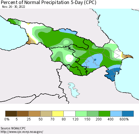 Azerbaijan, Armenia and Georgia Percent of Normal Precipitation 5-Day (CPC) Thematic Map For 11/26/2022 - 11/30/2022