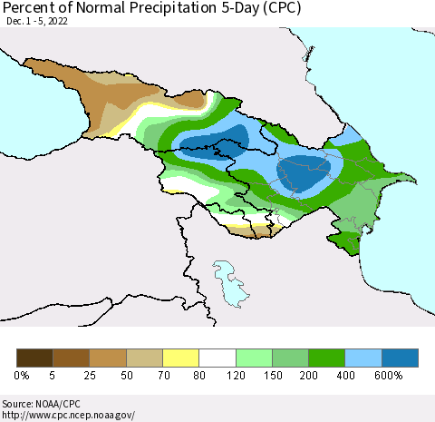 Azerbaijan, Armenia and Georgia Percent of Normal Precipitation 5-Day (CPC) Thematic Map For 12/1/2022 - 12/5/2022