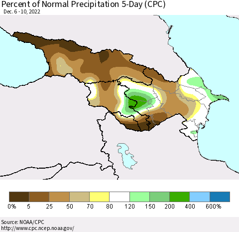 Azerbaijan, Armenia and Georgia Percent of Normal Precipitation 5-Day (CPC) Thematic Map For 12/6/2022 - 12/10/2022