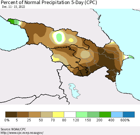 Azerbaijan, Armenia and Georgia Percent of Normal Precipitation 5-Day (CPC) Thematic Map For 12/11/2022 - 12/15/2022