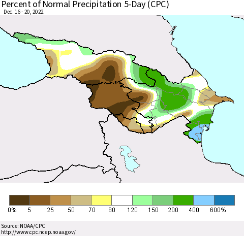 Azerbaijan, Armenia and Georgia Percent of Normal Precipitation 5-Day (CPC) Thematic Map For 12/16/2022 - 12/20/2022