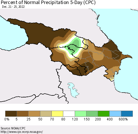 Azerbaijan, Armenia and Georgia Percent of Normal Precipitation 5-Day (CPC) Thematic Map For 12/21/2022 - 12/25/2022