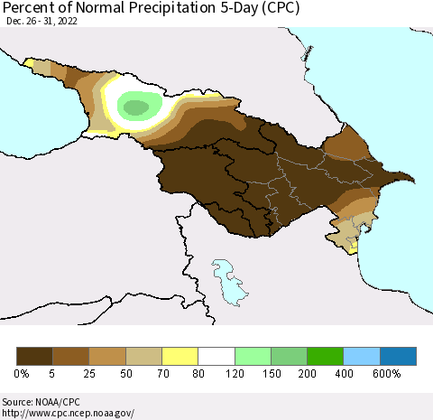 Azerbaijan, Armenia and Georgia Percent of Normal Precipitation 5-Day (CPC) Thematic Map For 12/26/2022 - 12/31/2022