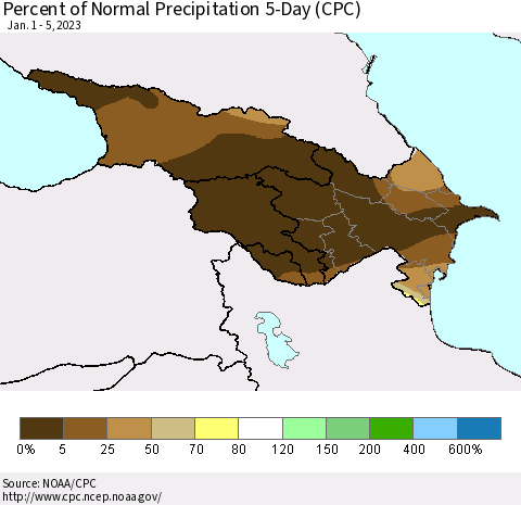 Azerbaijan, Armenia and Georgia Percent of Normal Precipitation 5-Day (CPC) Thematic Map For 1/1/2023 - 1/5/2023