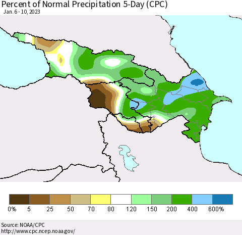 Azerbaijan, Armenia and Georgia Percent of Normal Precipitation 5-Day (CPC) Thematic Map For 1/6/2023 - 1/10/2023