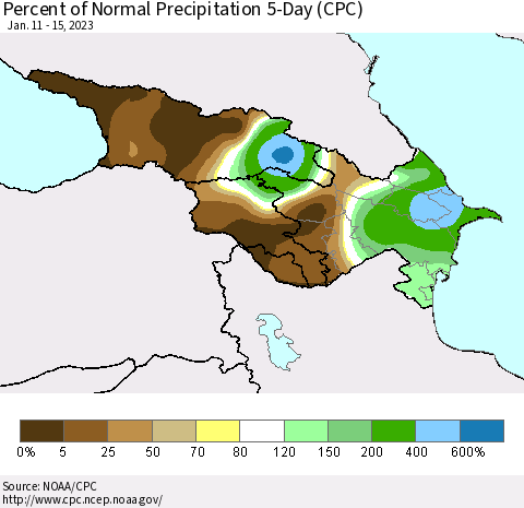 Azerbaijan, Armenia and Georgia Percent of Normal Precipitation 5-Day (CPC) Thematic Map For 1/11/2023 - 1/15/2023