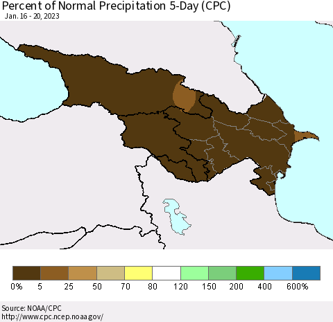 Azerbaijan, Armenia and Georgia Percent of Normal Precipitation 5-Day (CPC) Thematic Map For 1/16/2023 - 1/20/2023