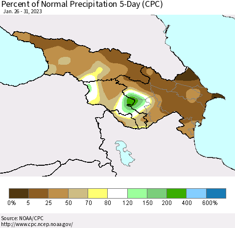Azerbaijan, Armenia and Georgia Percent of Normal Precipitation 5-Day (CPC) Thematic Map For 1/26/2023 - 1/31/2023