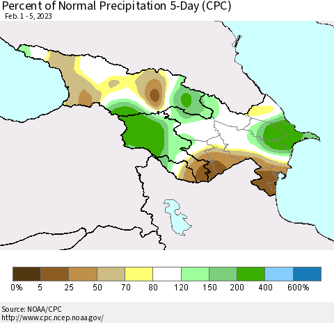 Azerbaijan, Armenia and Georgia Percent of Normal Precipitation 5-Day (CPC) Thematic Map For 2/1/2023 - 2/5/2023