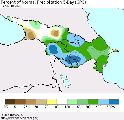 Azerbaijan, Armenia and Georgia Percent of Normal Precipitation 5-Day (CPC) Thematic Map For 2/6/2023 - 2/10/2023