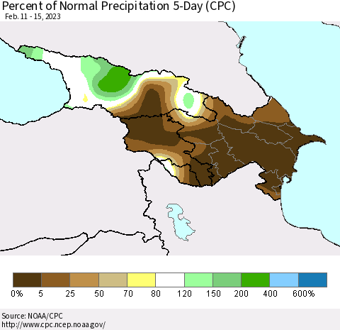 Azerbaijan, Armenia and Georgia Percent of Normal Precipitation 5-Day (CPC) Thematic Map For 2/11/2023 - 2/15/2023