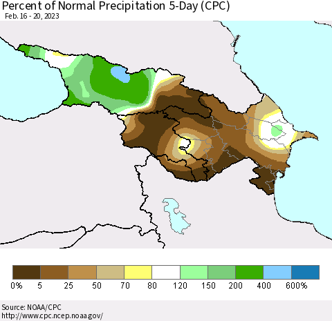 Azerbaijan, Armenia and Georgia Percent of Normal Precipitation 5-Day (CPC) Thematic Map For 2/16/2023 - 2/20/2023