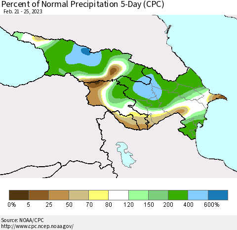 Azerbaijan, Armenia and Georgia Percent of Normal Precipitation 5-Day (CPC) Thematic Map For 2/21/2023 - 2/25/2023