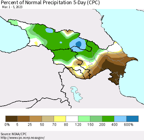 Azerbaijan, Armenia and Georgia Percent of Normal Precipitation 5-Day (CPC) Thematic Map For 3/1/2023 - 3/5/2023