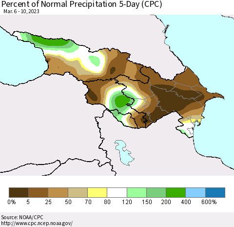 Azerbaijan, Armenia and Georgia Percent of Normal Precipitation 5-Day (CPC) Thematic Map For 3/6/2023 - 3/10/2023