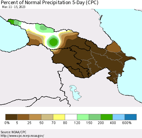 Azerbaijan, Armenia and Georgia Percent of Normal Precipitation 5-Day (CPC) Thematic Map For 3/11/2023 - 3/15/2023