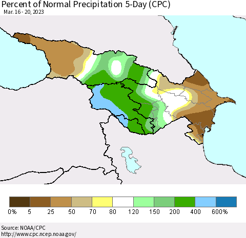 Azerbaijan, Armenia and Georgia Percent of Normal Precipitation 5-Day (CPC) Thematic Map For 3/16/2023 - 3/20/2023
