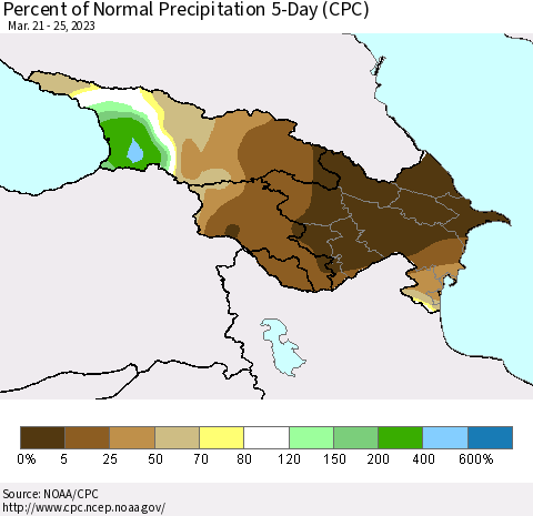 Azerbaijan, Armenia and Georgia Percent of Normal Precipitation 5-Day (CPC) Thematic Map For 3/21/2023 - 3/25/2023