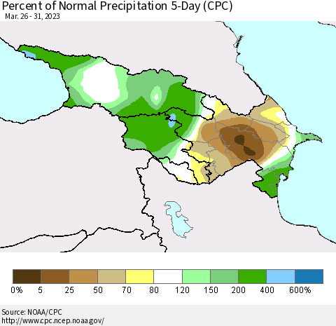 Azerbaijan, Armenia and Georgia Percent of Normal Precipitation 5-Day (CPC) Thematic Map For 3/26/2023 - 3/31/2023
