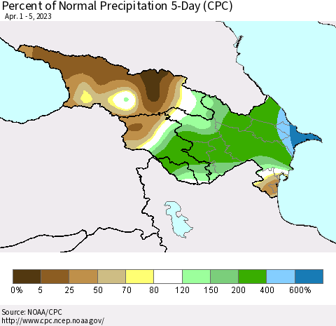 Azerbaijan, Armenia and Georgia Percent of Normal Precipitation 5-Day (CPC) Thematic Map For 4/1/2023 - 4/5/2023