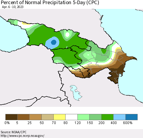 Azerbaijan, Armenia and Georgia Percent of Normal Precipitation 5-Day (CPC) Thematic Map For 4/6/2023 - 4/10/2023