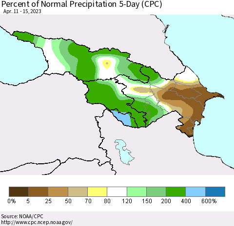 Azerbaijan, Armenia and Georgia Percent of Normal Precipitation 5-Day (CPC) Thematic Map For 4/11/2023 - 4/15/2023