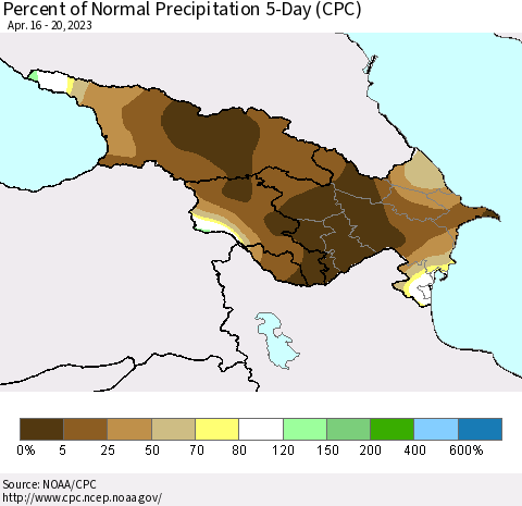 Azerbaijan, Armenia and Georgia Percent of Normal Precipitation 5-Day (CPC) Thematic Map For 4/16/2023 - 4/20/2023