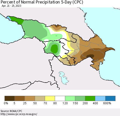 Azerbaijan, Armenia and Georgia Percent of Normal Precipitation 5-Day (CPC) Thematic Map For 4/21/2023 - 4/25/2023