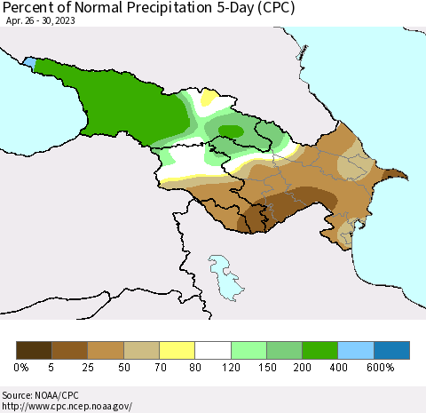 Azerbaijan, Armenia and Georgia Percent of Normal Precipitation 5-Day (CPC) Thematic Map For 4/26/2023 - 4/30/2023