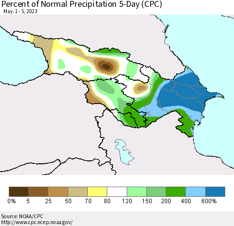 Azerbaijan, Armenia and Georgia Percent of Normal Precipitation 5-Day (CPC) Thematic Map For 5/1/2023 - 5/5/2023