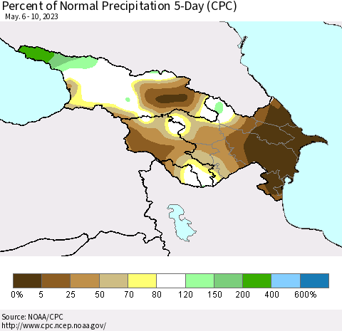 Azerbaijan, Armenia and Georgia Percent of Normal Precipitation 5-Day (CPC) Thematic Map For 5/6/2023 - 5/10/2023