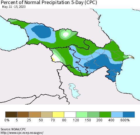 Azerbaijan, Armenia and Georgia Percent of Normal Precipitation 5-Day (CPC) Thematic Map For 5/11/2023 - 5/15/2023