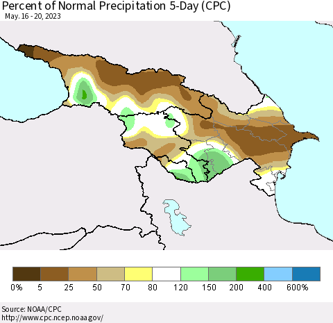 Azerbaijan, Armenia and Georgia Percent of Normal Precipitation 5-Day (CPC) Thematic Map For 5/16/2023 - 5/20/2023