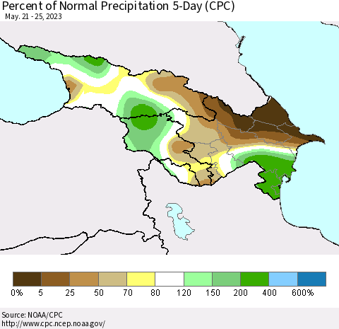 Azerbaijan, Armenia and Georgia Percent of Normal Precipitation 5-Day (CPC) Thematic Map For 5/21/2023 - 5/25/2023