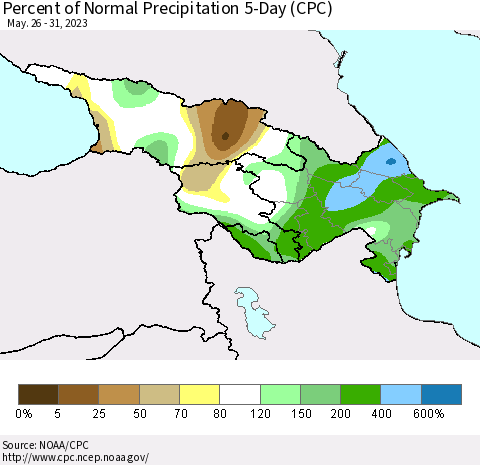 Azerbaijan, Armenia and Georgia Percent of Normal Precipitation 5-Day (CPC) Thematic Map For 5/26/2023 - 5/31/2023