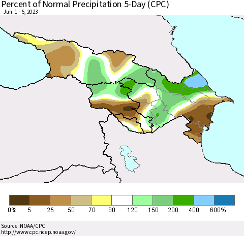 Azerbaijan, Armenia and Georgia Percent of Normal Precipitation 5-Day (CPC) Thematic Map For 6/1/2023 - 6/5/2023