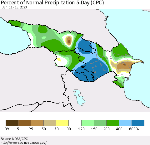 Azerbaijan, Armenia and Georgia Percent of Normal Precipitation 5-Day (CPC) Thematic Map For 6/11/2023 - 6/15/2023